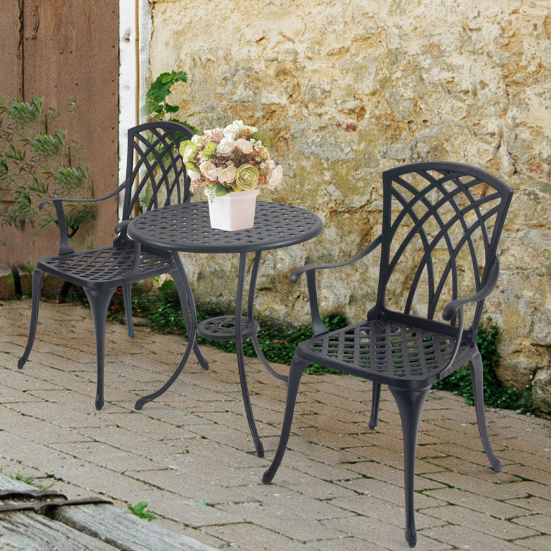 Red Barrel Studio 3 Piece Bistro Set For Outdoor Patio And Balcony With Umbrella Hole Made Of Cast Aluminum Black Wayfair